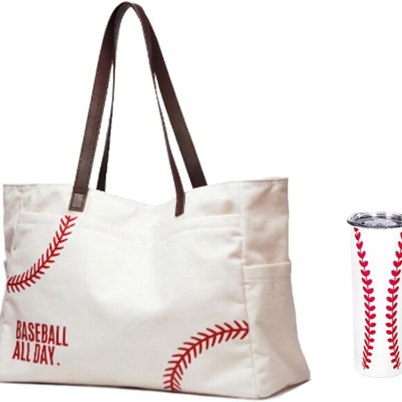 Baseball Mom Bag Canvas 17.5x7x12.5in Tote &amp; Tumbler Gift Set Sports Fan